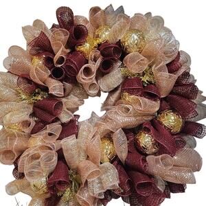 Handmade Christmas Wreath Pink & Wine Deco Mesh Gold Balls & Poinsettias 30x7